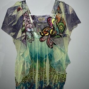 ONE WORLD Multi-Color Sheer Ruffle Boho Blouse